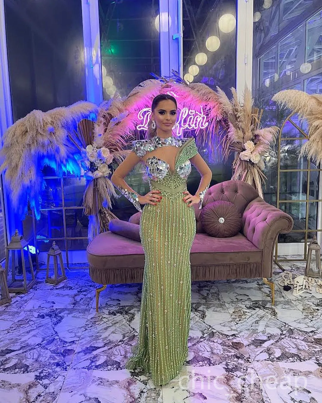 fitted lace wedding dress Charming Mermaid V Neck Green Purple Gradient Sequins Lace Prom Dress with  Slit DM24122404 – Dressmeet main image 1