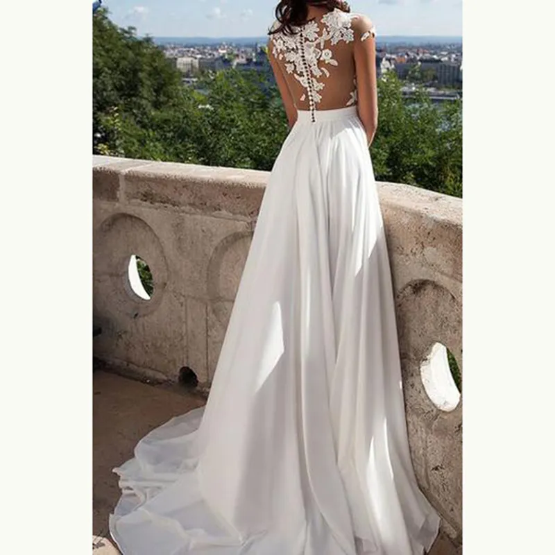 High Neck Illusion Chiffon Bridal Dress with Applique and Chapel Train for Garden Weddings from Dhgate A-Line Wedding Dresses