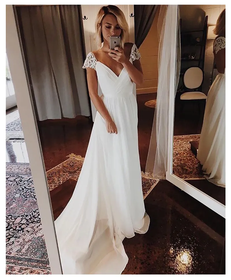 Cap Sleeves Wedding Dress V Neck Chiffon Appliques Backless Beach Bridal Dress Cheap High Quality Wedding Gowns From 41 8 DHgate