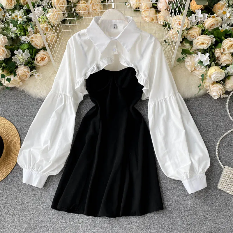 Vintage Korean Office Outfit For Women Elegant Two Piece Chiffon Dress Set  With Puffed Sleeves, Halter Neck, And Mini Skirt Perfect For Summer 2023  From Xiongstore, $35.18