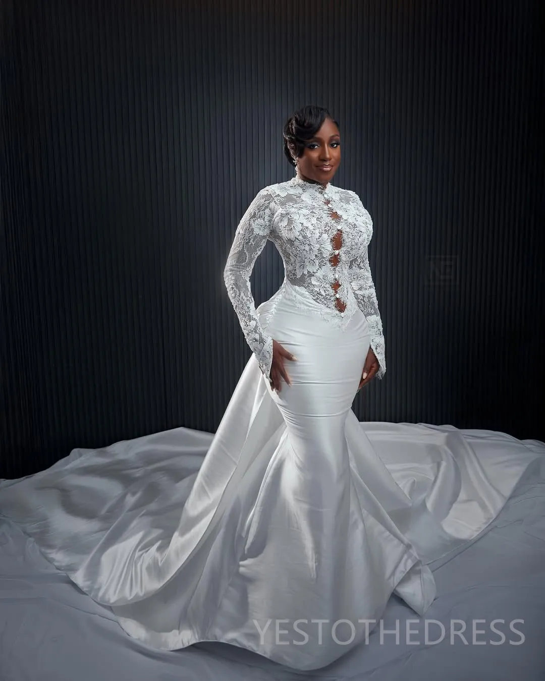 knee length dresses for ladies Mermaid High Neck Lace Applique Sequined Floor-Length Overskirt Long Sleeve Wedding Dress