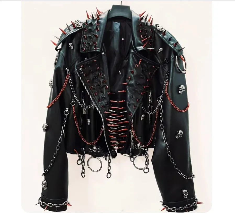 Mens Faux Leather Punk Rock Leather Jacket With Rivet Chain