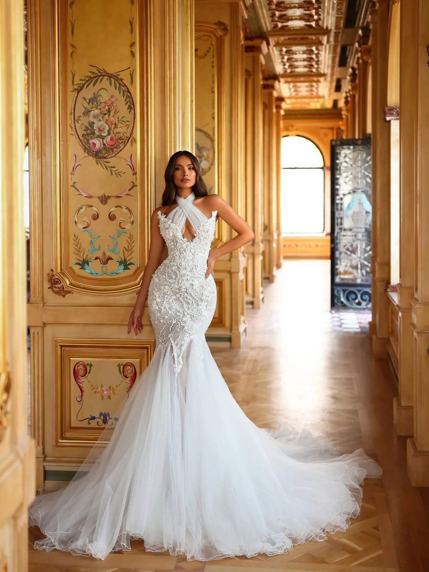 wedding dresses halter mermaid Ivory Neck Racer Back Lace Gown Appliqued Wedding Dress AWD1708 Evening Wear Fashion Mermaid Wedding Dresses Halter