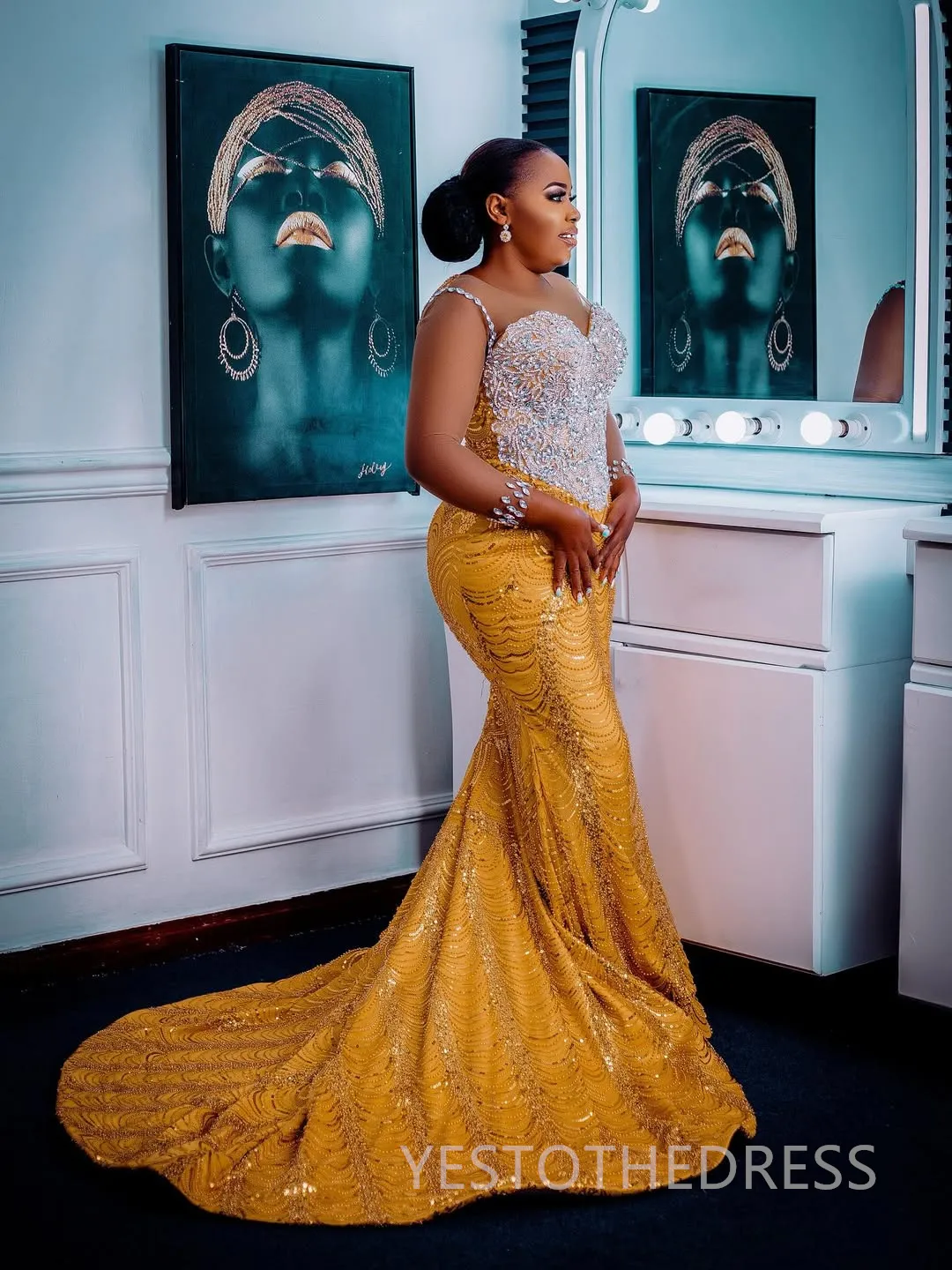 Gold Plus Size Prom Dress Evening Gown with Lace-Up Back and Sweep Train