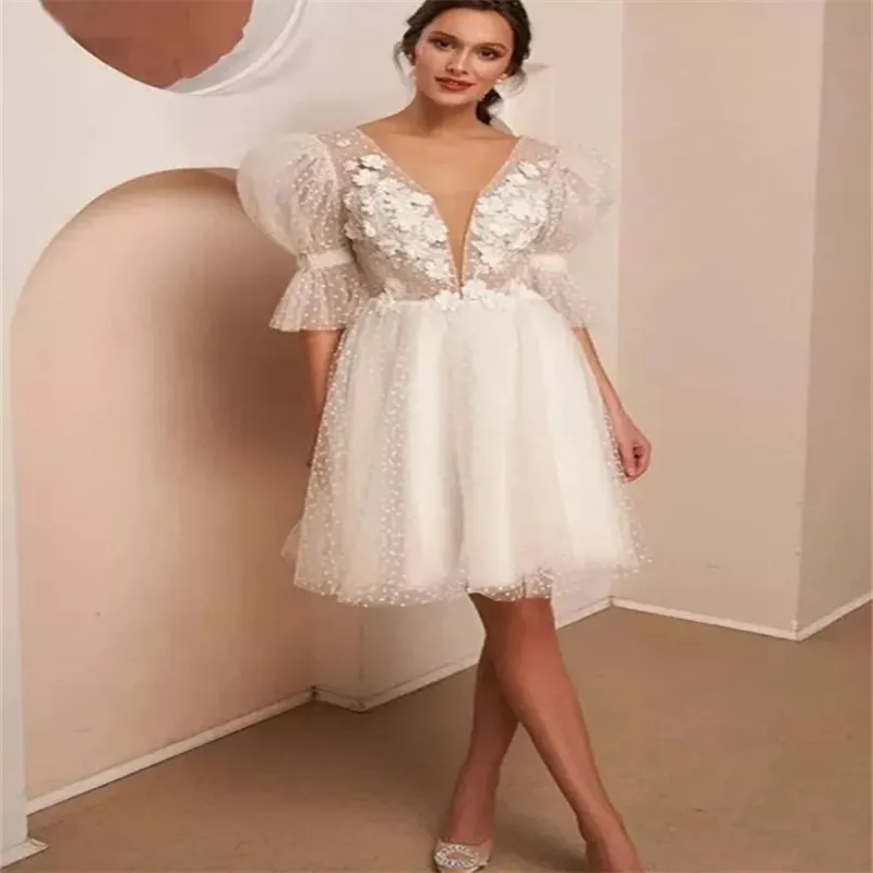 fairy wedding dress short Fairy Elastic Satin V-neck Modest Wedding Dress, MW1077 main image 1