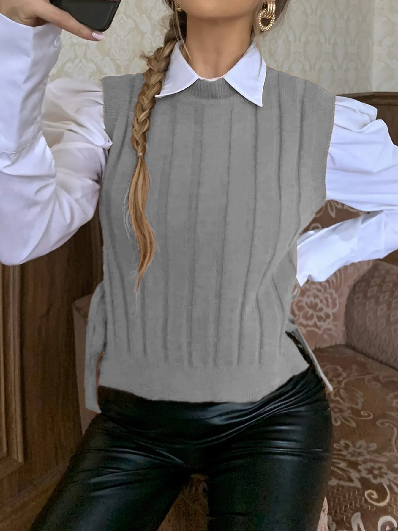 Jeans Vest Outfit Grey Knit Vest Womens Ladies Vest Outfits, Grey