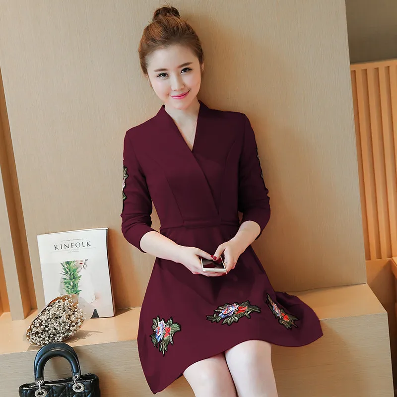 V-neck Floral Embroidered Womens Slim A-Line Dress Long Sleeve Navy Plus  Size M-4XL from Dhgate Basic & Casual Dresses - price 287.25