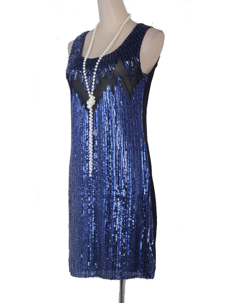 Blue Art Deco 1920s Great Gatsby Flapper Black sequin dress for Women - O-Neck, Beaded Cocktail Party Black sequin dress with sequin Dancing