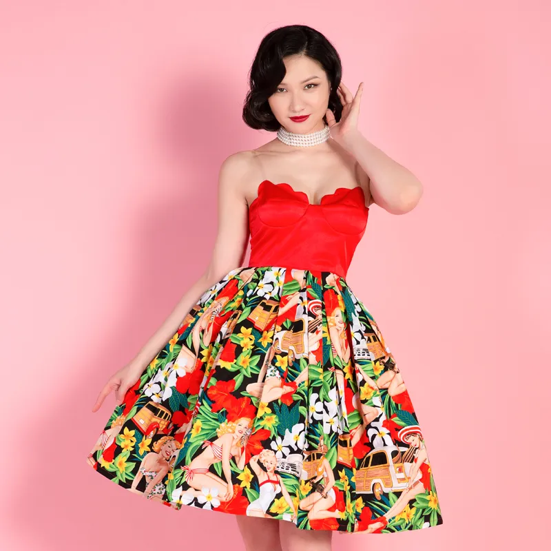 Vintage High Waist Pin Up Puffy 50s dress with Contrast Print and Strapless by Audrey Hepburn - 1960s Black Vintage Style