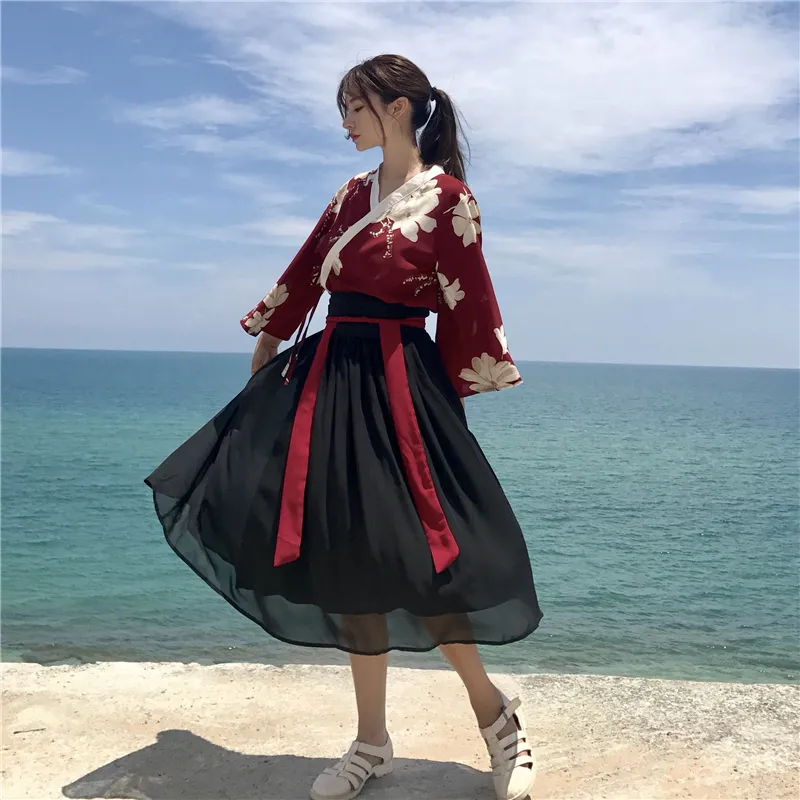 fitted lace wedding dress Black Red Japanese Kimono Floral Pattern Short Robe – Kawaiies main image 1