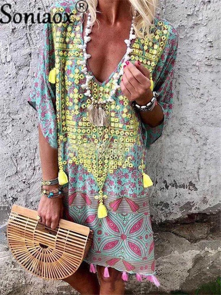 Product Title: Boho Style Vintage Fringed Smocked Midi Dress with Tassel Detail for Women - 2021 V-Neck Printed Suit Smocked Midi dressProduct