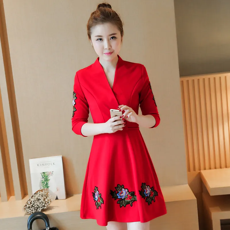 V-neck Floral Embroidered Womens Slim A-Line Dress Long Sleeve Navy Plus  Size M-4XL from Dhgate Basic & Casual Dresses - price 287.25