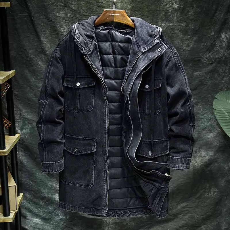 Fleece Lined Black Denim Jacket With Fur Hood Fleece Lined Black - Main Image