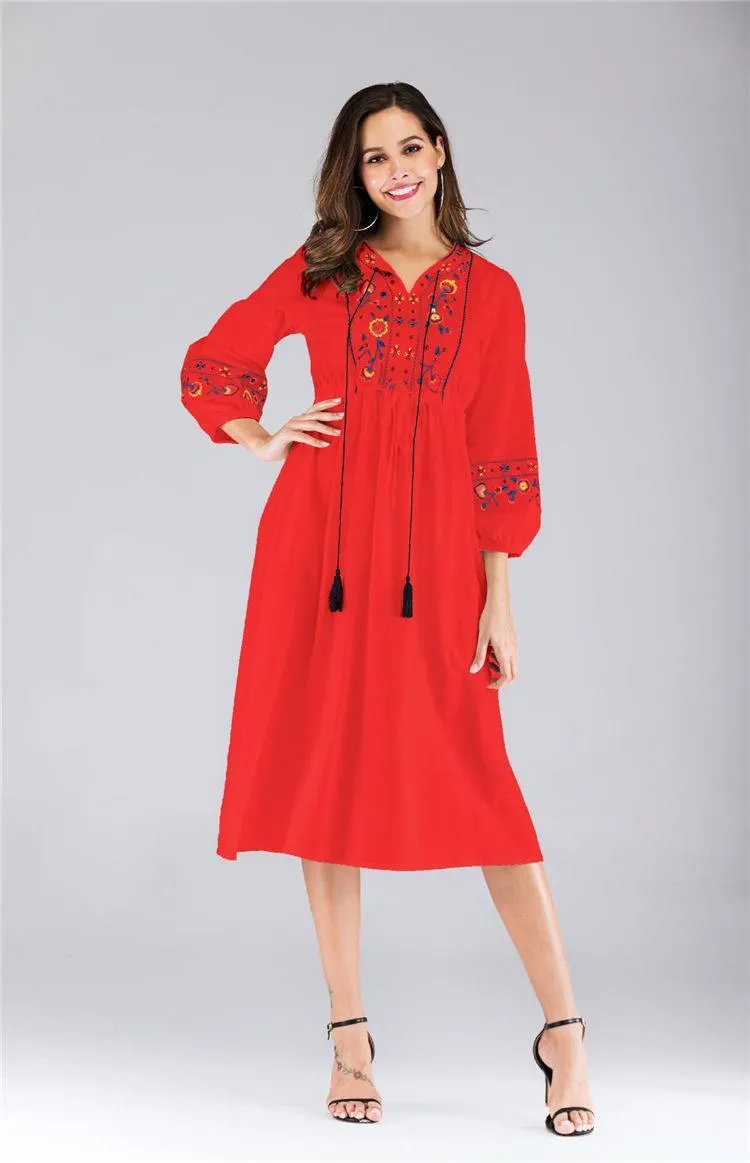 Vyshyvanka Ukrainian Embroidered Lace-Up Smocked Midi Dress - Boho Ethnic Summer Hippie Smocked Midi Dress for Women