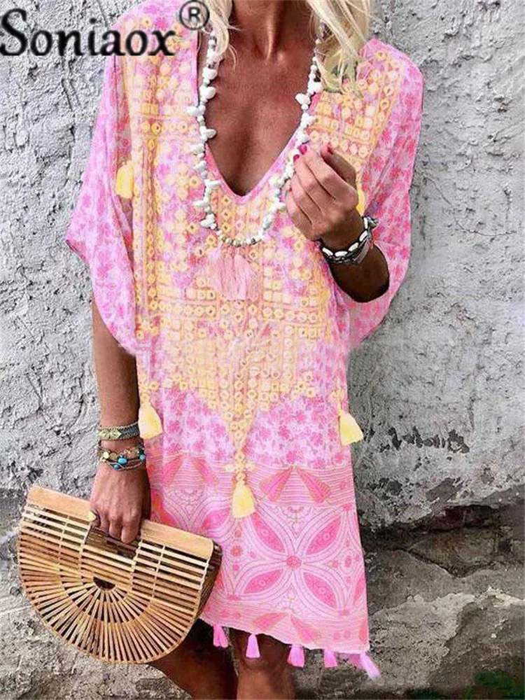 Product Title: Boho Style Vintage Fringed Smocked Midi Dress with Tassel Detail for Women - 2021 V-Neck Printed Suit Smocked Midi dressProduct