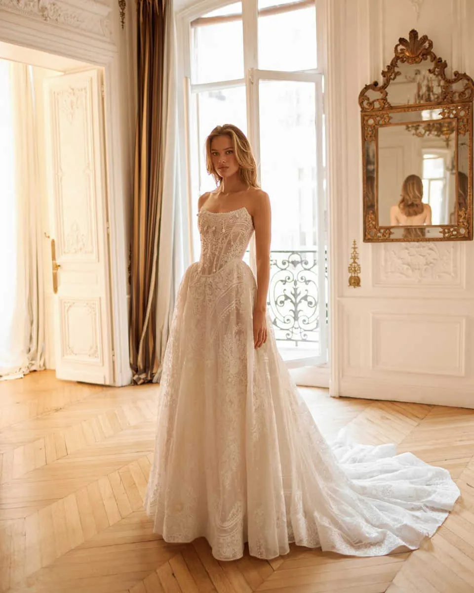 princess polly baby blue dress Customizable Lace Pearls Chantilly Lace Wedding Dress - Elegant Strapless Sleeveless Backless Gown with Sweep Train - Perfect for Weddings