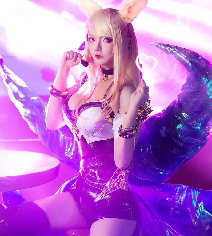 LOL KDA Ahri Cosplay Costume for Women - Game Outfit with Wig and Temporary Tattoos - Halloween KDA Group Dress LOL KDA Ahri Cosplay Costume for Women - Game Outfit with Wig and Temporary Tattoos - Halloween KDA Group Dress