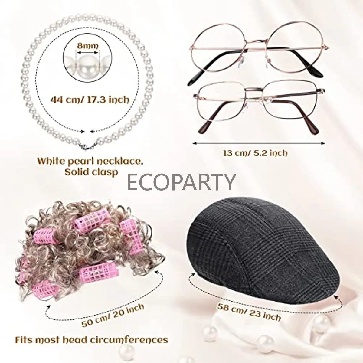 Set De Disfraz De Abuelita Con Peluca Gris, Gafas, Collar De Perlas Y Redecilla – 5 Piezas Para Halloween Y Carnaval