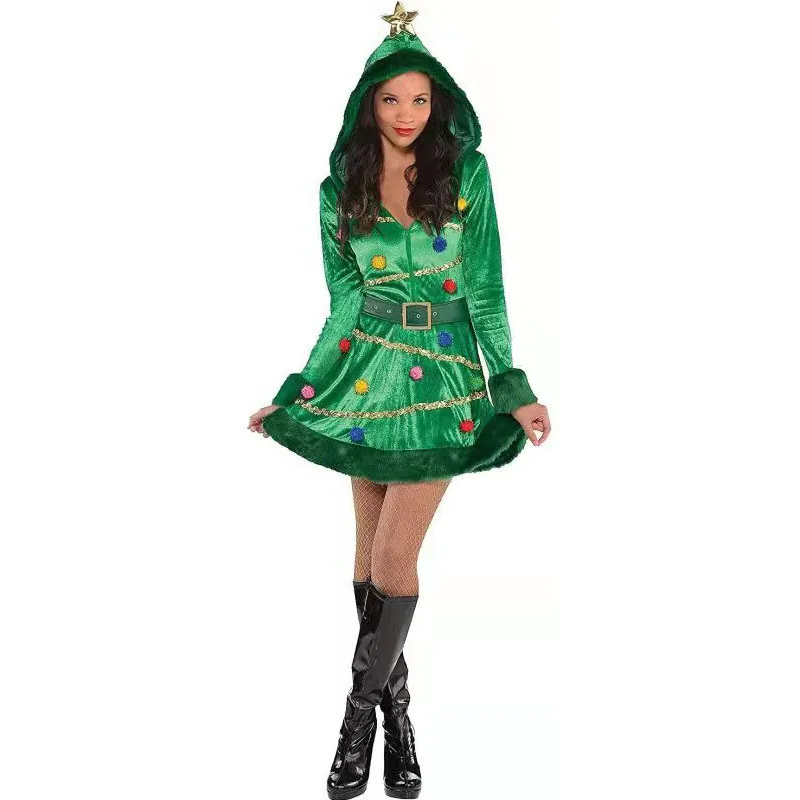 Green Hooded Sequin Christmas Tree Ballet Dress with Belt for Women - Perfect for Halloween, Carnival Parties, and More!