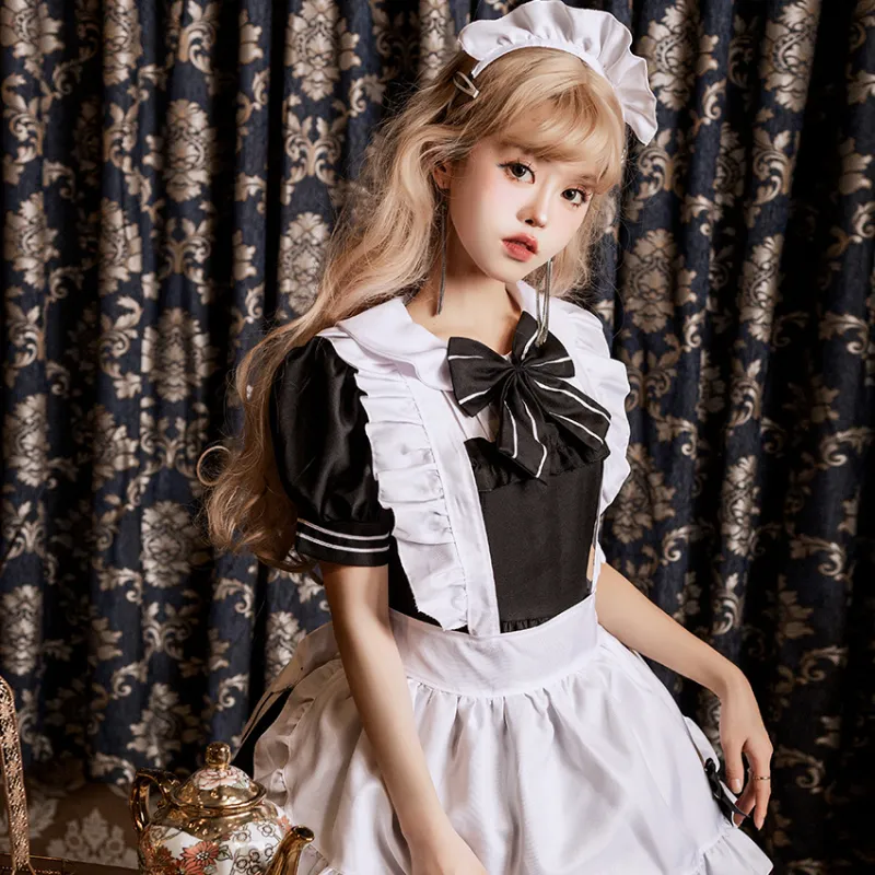 Black and White Gothic Lolita Maid with Sweet Bikini Coffee Shop Finish and Princess Bowknot for Women's Roleplay, Halloween Party, and Waitress