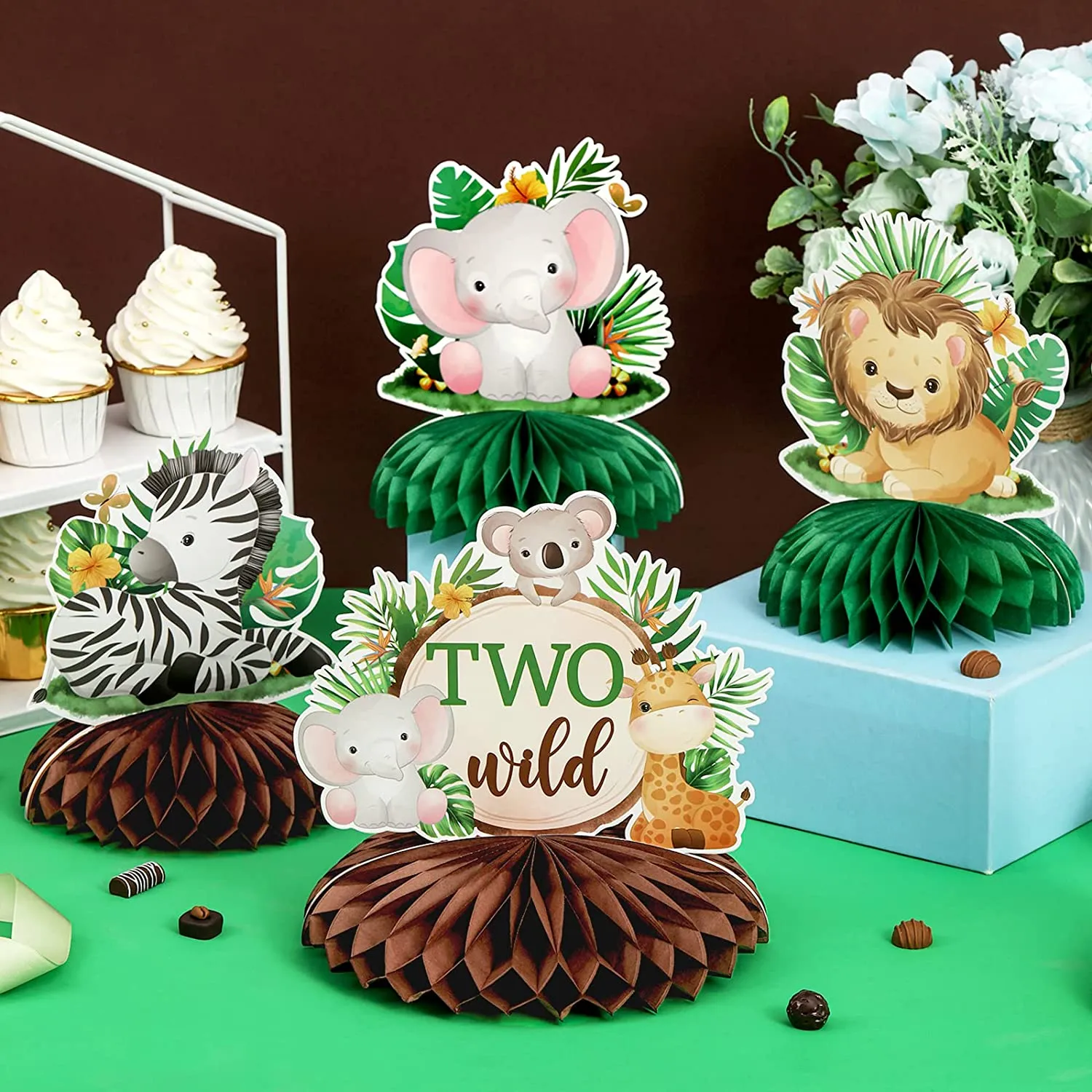 Party Animals Get Wild Centerpiece - 4-Piece Set With Backdrop, Zebra, Elephant & Leopard For Birthday Decor