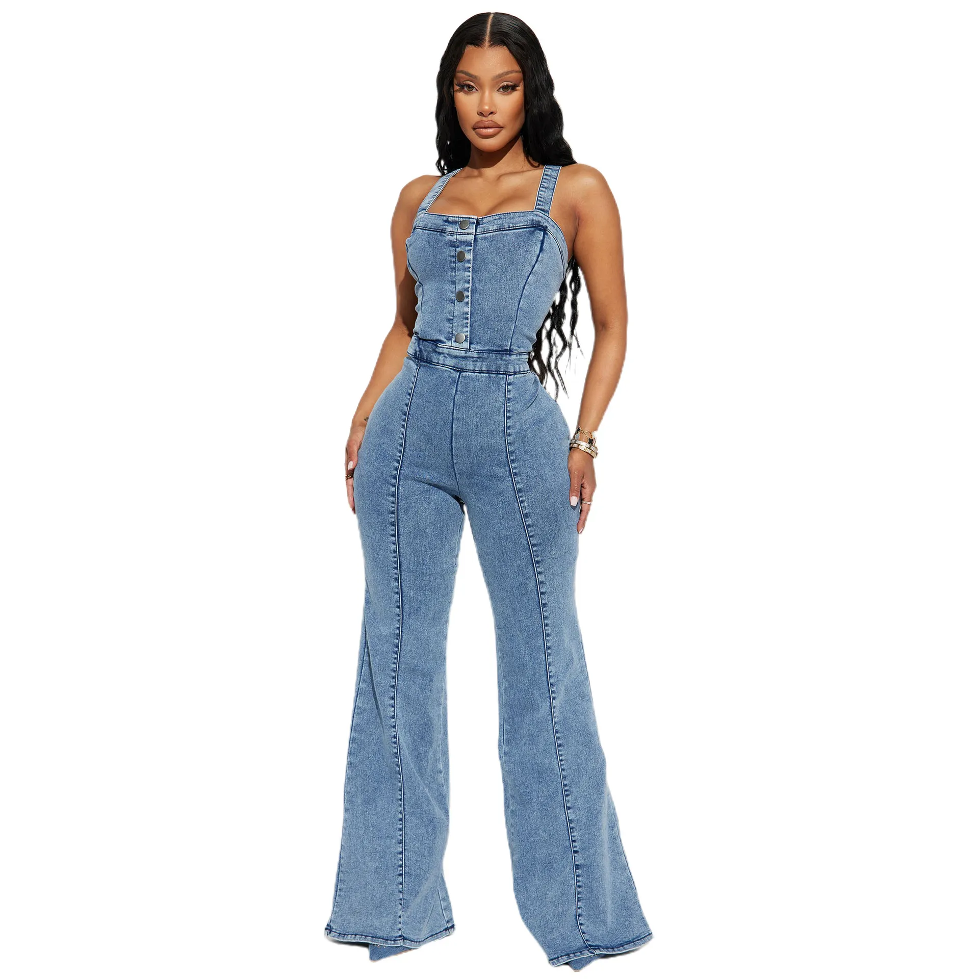 Wide Leg Denim Jumpsuit For Women Spaghetti Strap, Elegant Casual