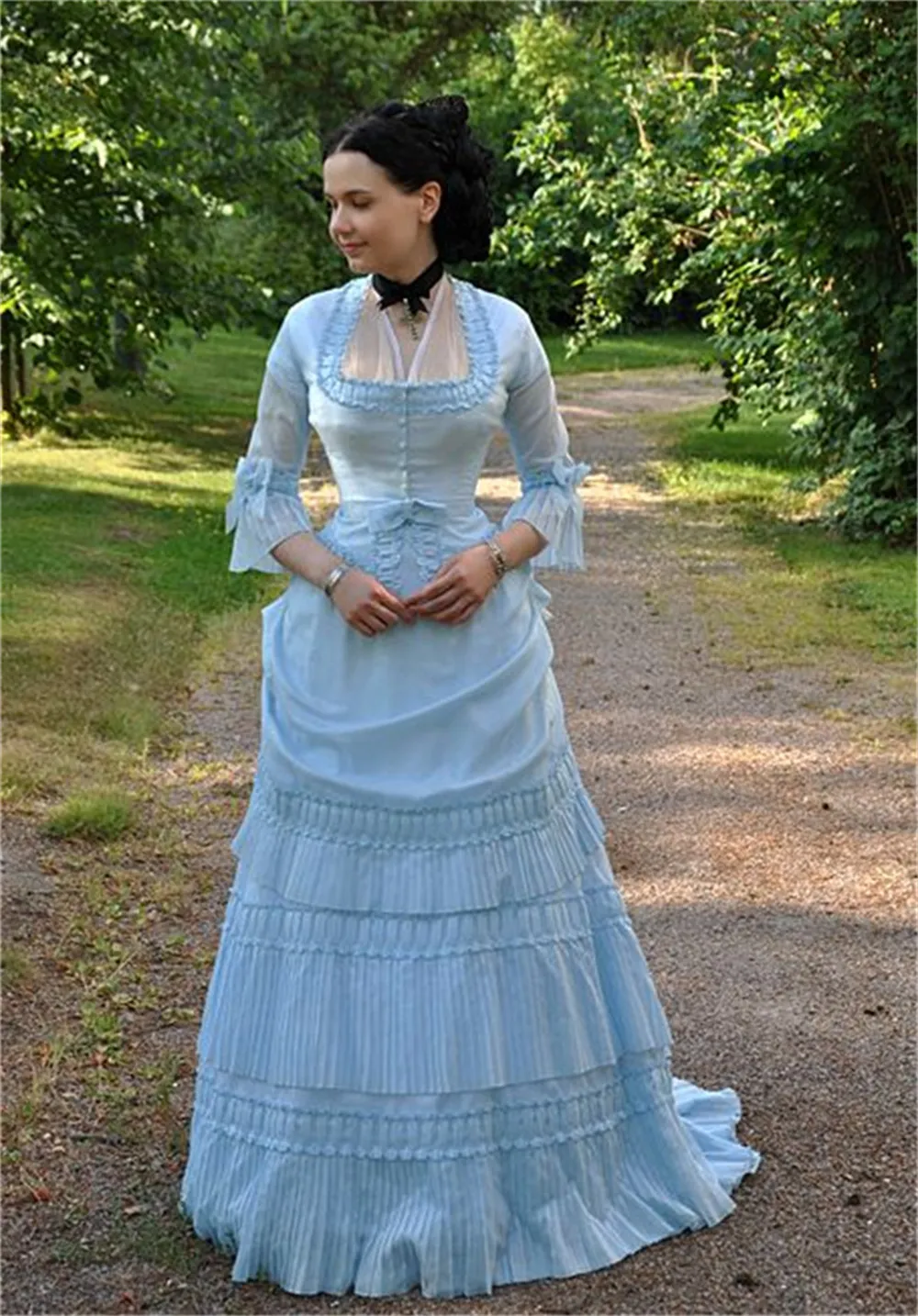 blue gothic victorian dress Victorian Dress in Black and Gray Stripes S main image 0