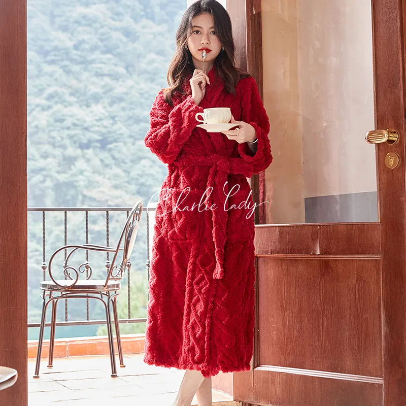 Title: Soft and Warm Winter Kimono in Red Flannel with Coral Fleece Lining - Perfect for Women's Bathrobe, Dressing Gown, and Winter Sleepwear for