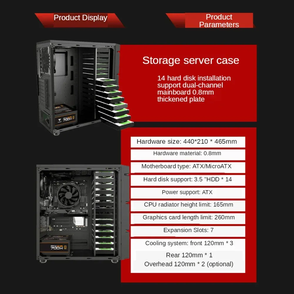 Tower 14 Hard Disk Bit Chia Multi-Disk Storage Server Desktop Computer Main Box for ATX Power Supply 80 Plus Golds 700W Power