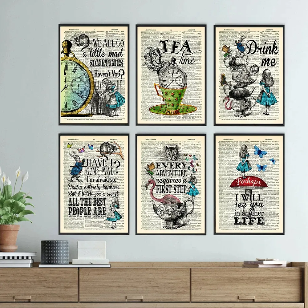 Vintage Alice Fairy Tales Wall Poster Retro Text Art Wonderland