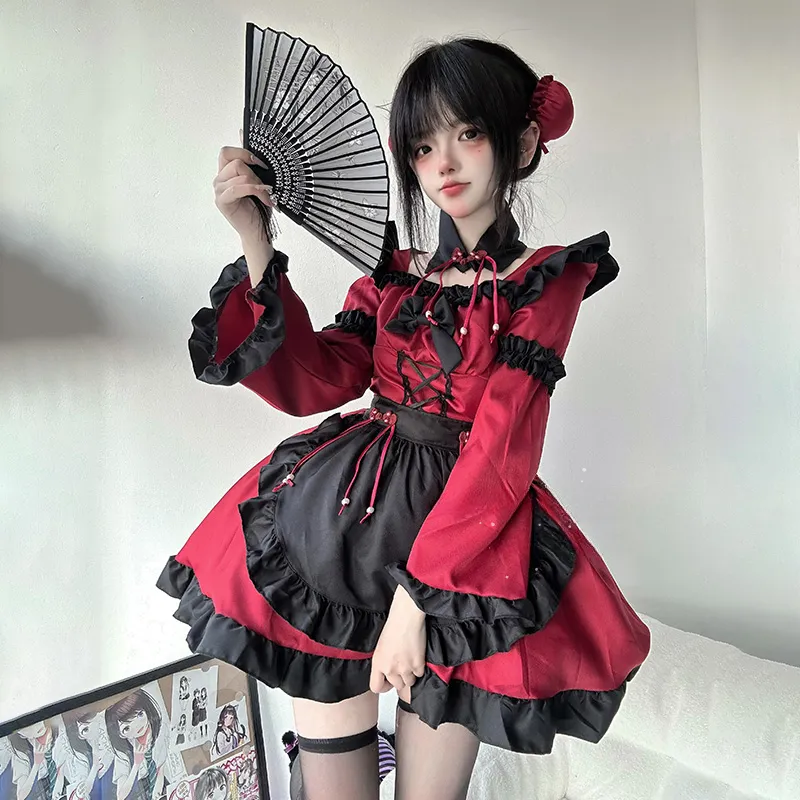 red and black maid dress Handmade PVC Maid Dress with Red Apron Gothic Cosplay Outfit XS