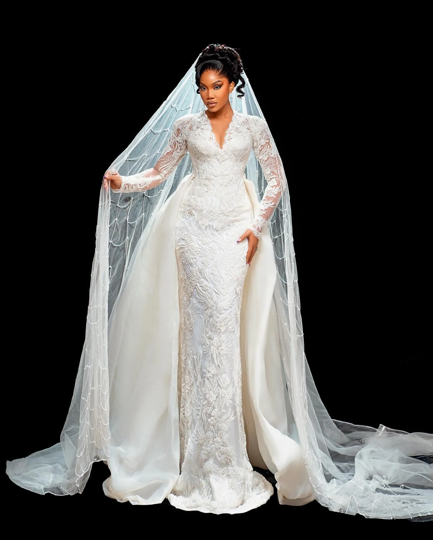 Plus Size Ivory Lace Detachable Train wedding dress with Beaded Detachable Train and Deep V-Neck - 25 Arabic Aso Ebi Collection (0218)