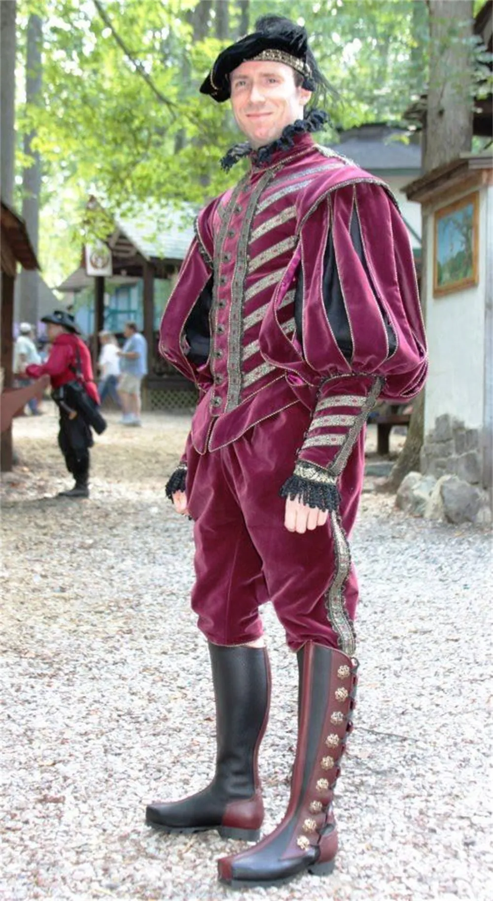 T Tudor Elizabethan Renaissance Costume for Men - 16th Century Prince, King, and Nobleman with Doublet burgundy pants