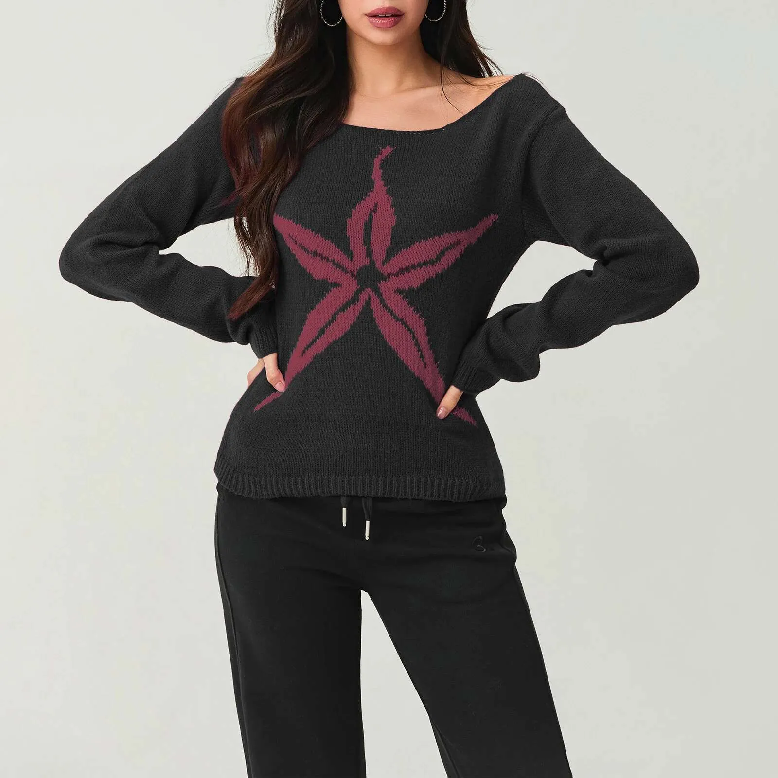Vintage Graphic Print Off Shoulder Sweater Womens... From 