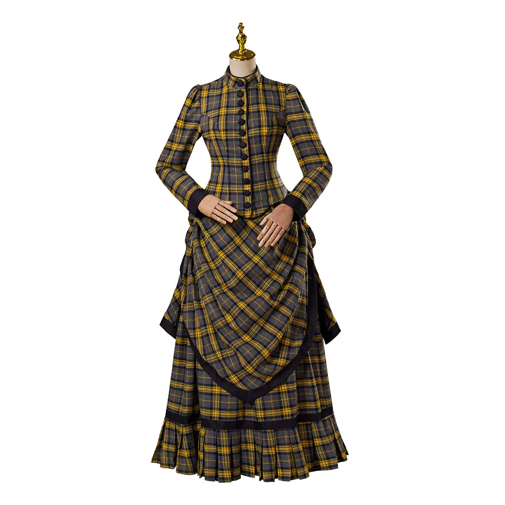 Vintage Victorian Edwardian Yellow Plaid Bustle maxi shirt dress for Women - Perfect for Christmas and Victorian Scottish Style Vintage Victorian Edwardian Yellow Plaid Bustle maxi shirt dress for Women - Perfect for Christmas and Victorian Scottish Style