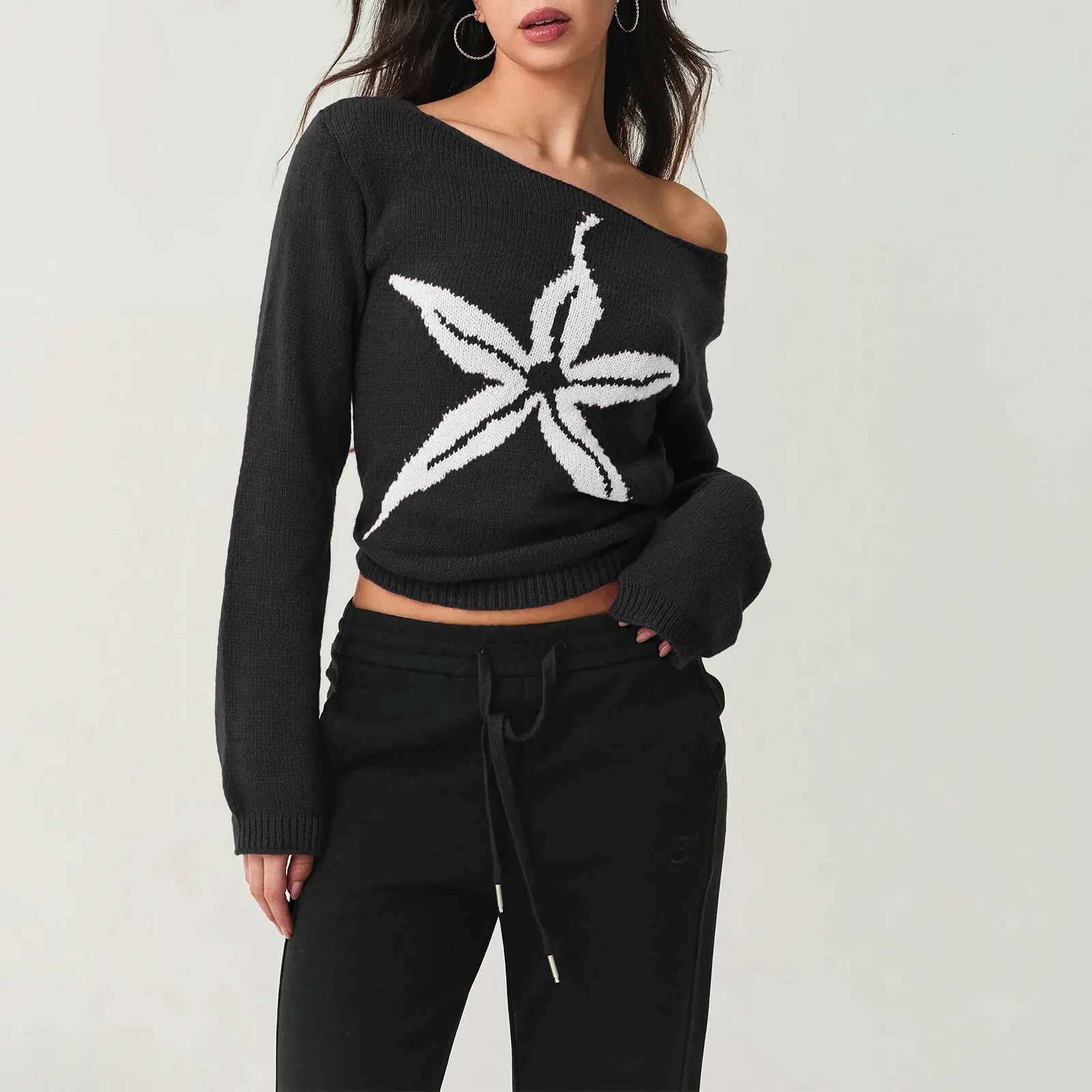 Vintage Graphic Print Off Shoulder Sweater Womens... From 