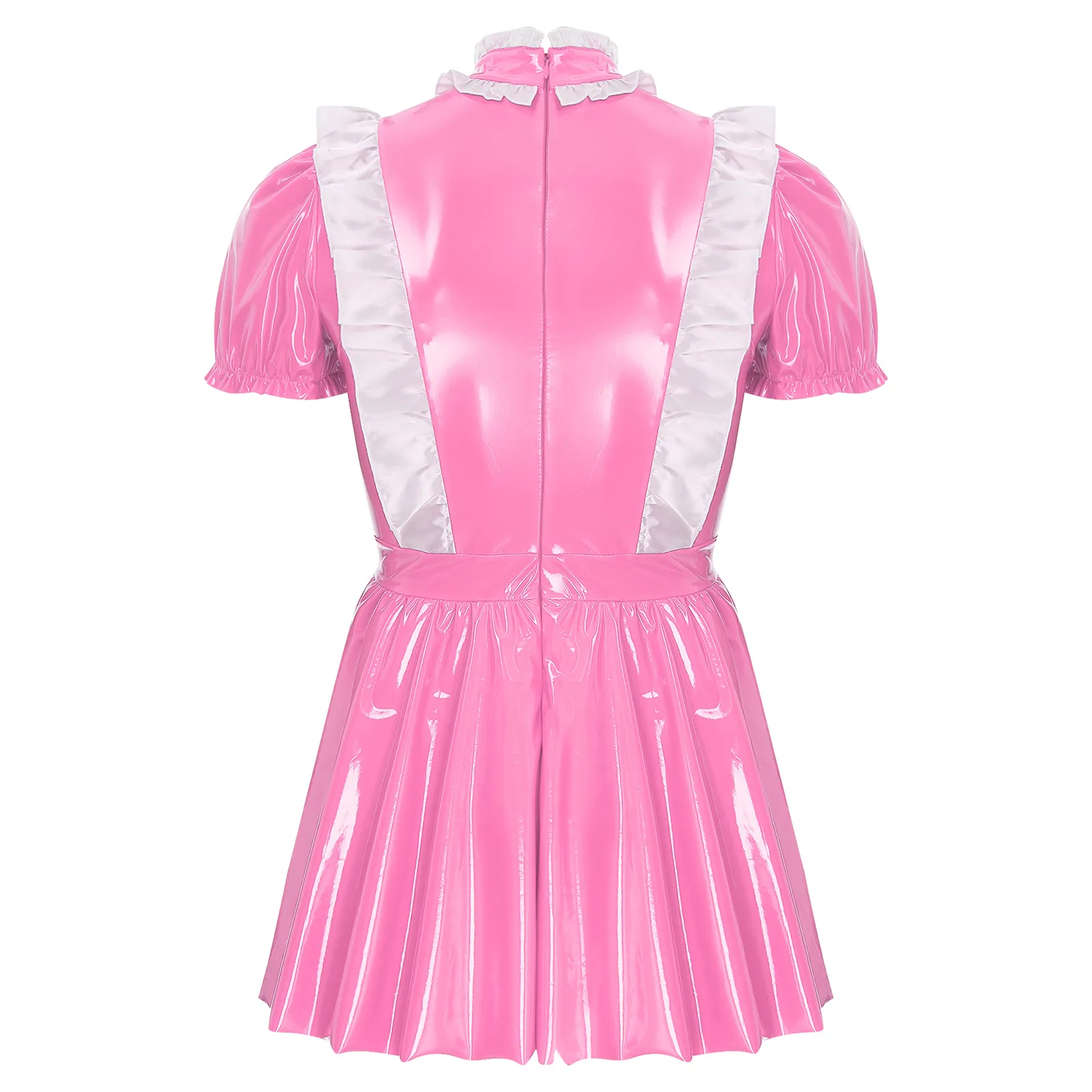 pink french maid dress IEFIEL Womens French Maid Uniform Halloween Cosplay Costume Patent Leather Doll Collar A-line Dress Pink 4XL