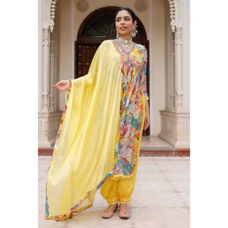 Women's Yellow Festival Haldi Kurti Yellow maxi dress Set for Wedding Partywear and Salwar