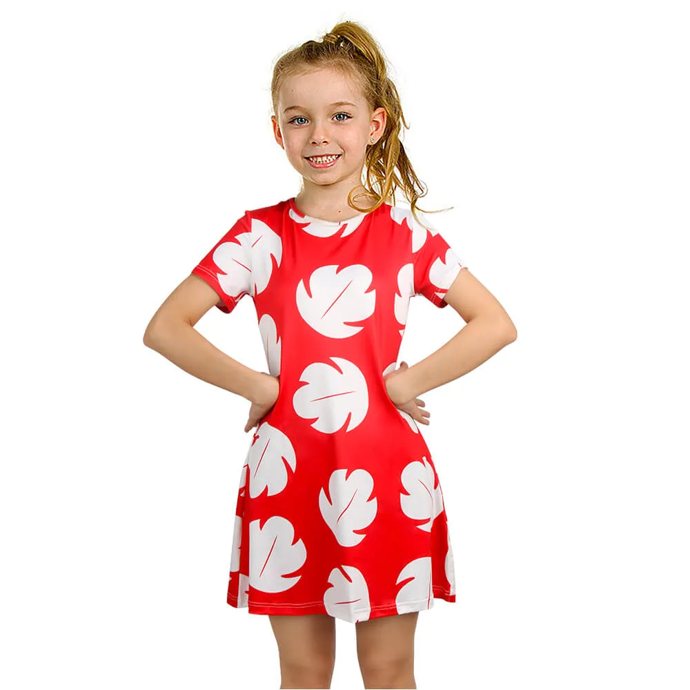 Red Leaf Printed Long Lilo walima dress for Girls - Perfect for Summer Cosplay, Halloween and Cos-Up Outfits