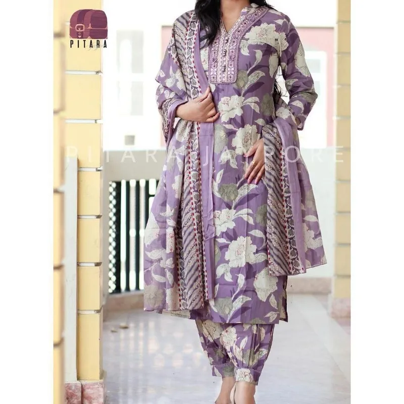 Purple Cotton Straight Barrel Salwar Suit Kurti, Pants Dupatta