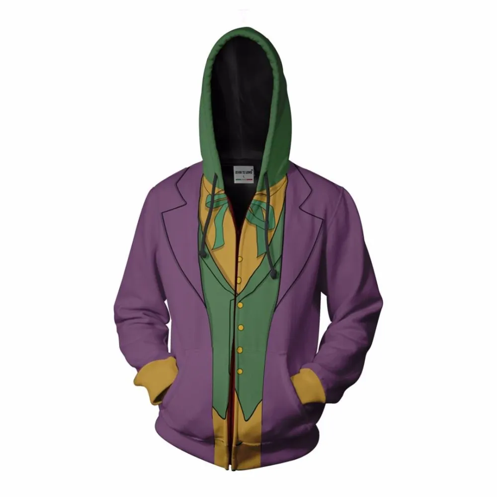 Men Women The Joker Cosplay Jacket Suit Zipper Hooded Hoodies 3D