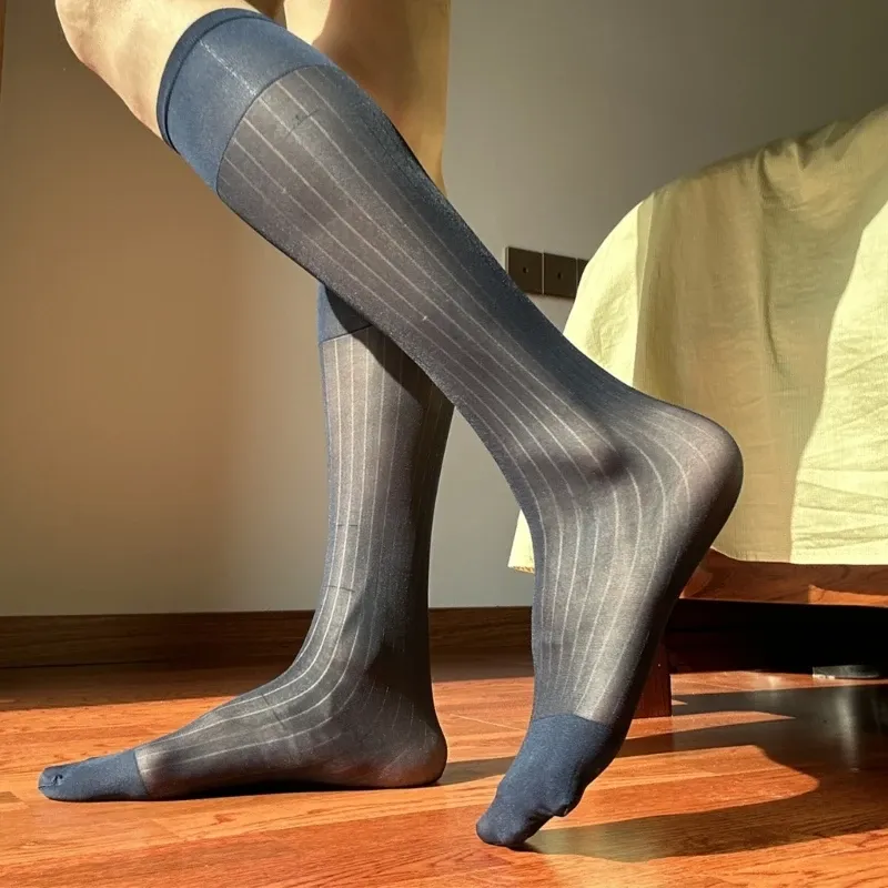 Men's Formal Business Dress Clear Sheer Over-the-Calf Silk Thin Socks