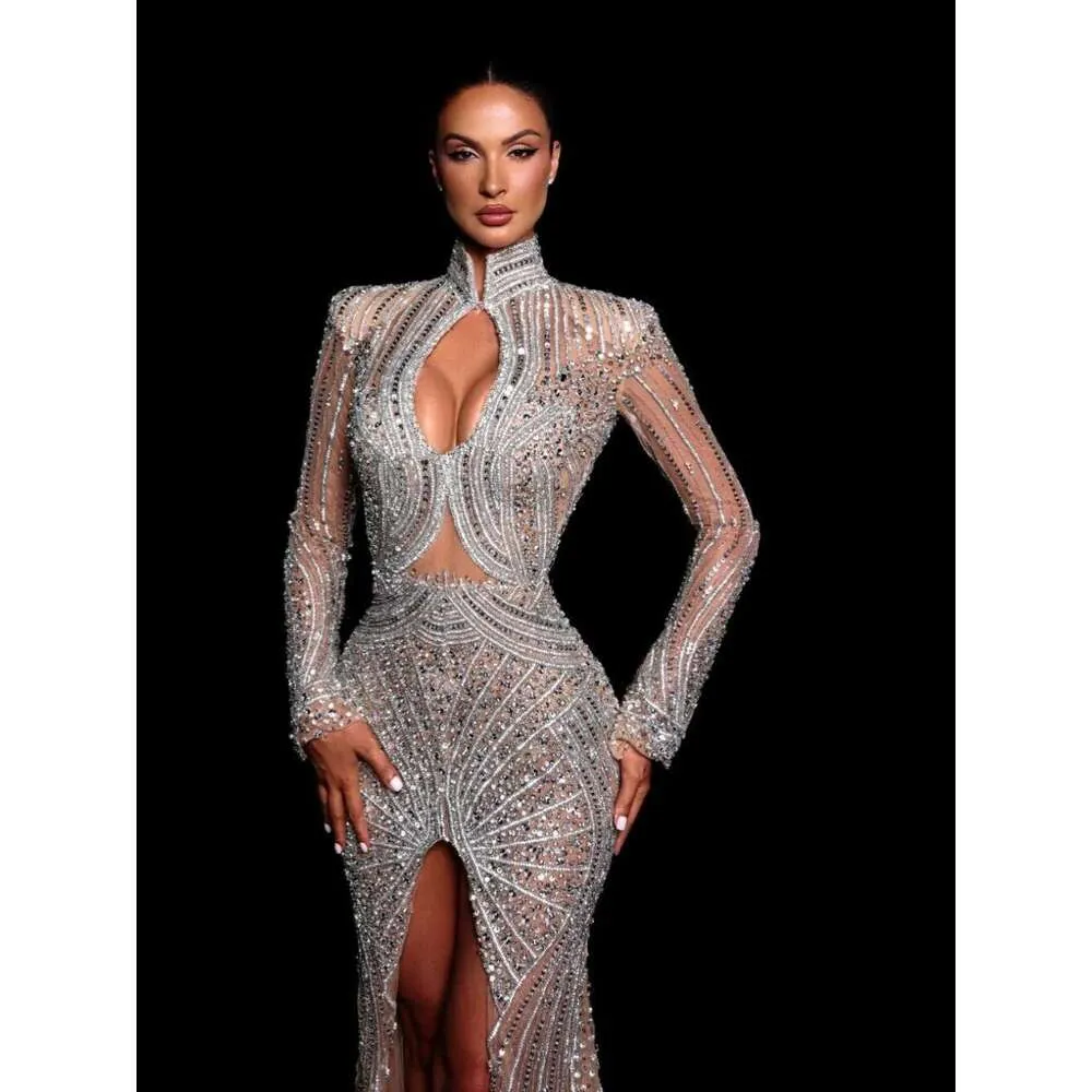 adrianna papell hand-beaded illusion sheath dress Tulle beaded dress with 3/4 sleeves – Saiid Kobeisy Online main image 1