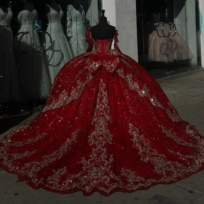 Off-Shoulder Red Quinceanera Ball long sleeve Ball gown with Gold Appliques, Bow Beads, and Tull - Perfect for Birthday, Sweet 16, or Party - Robe de Off-Shoulder Red Quinceanera Ball long sleeve Ball gown with Gold Appliques, Bow Beads, and Tull - Perfect for Birthday, Sweet 16, or Party - Robe de
