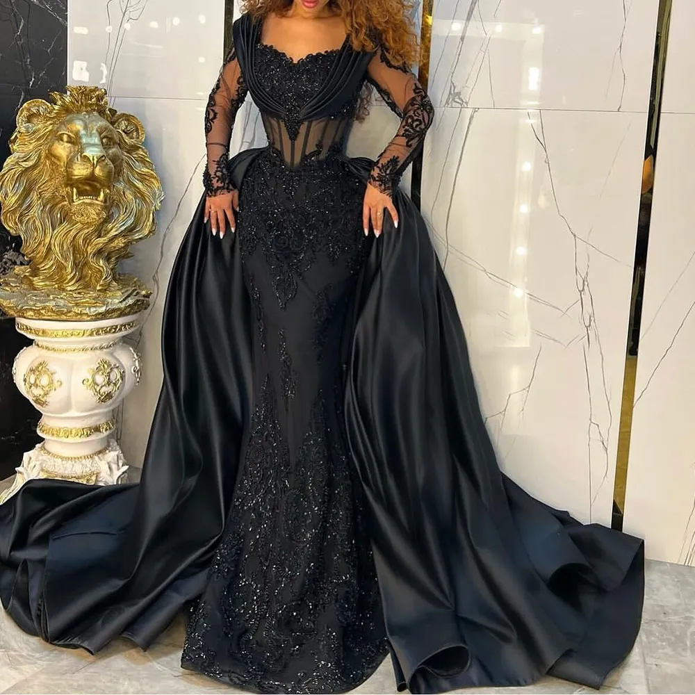 Black Mermaid Evening Dress With Detachable Train Prom Gown Lace Sequin Long  Sleeves from Dhgate Evening Dresses