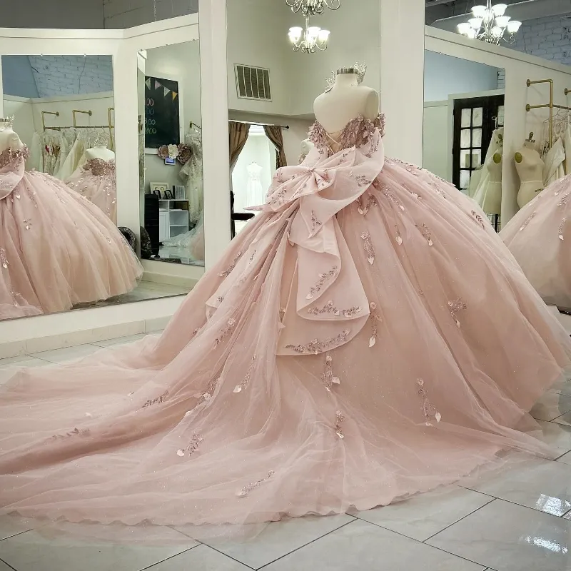 sweet 16 dresses pink Long Ball Gown Glitter Quinceanera Dress 3XLFully Lined Pink Tulle Flowers Ball Gown