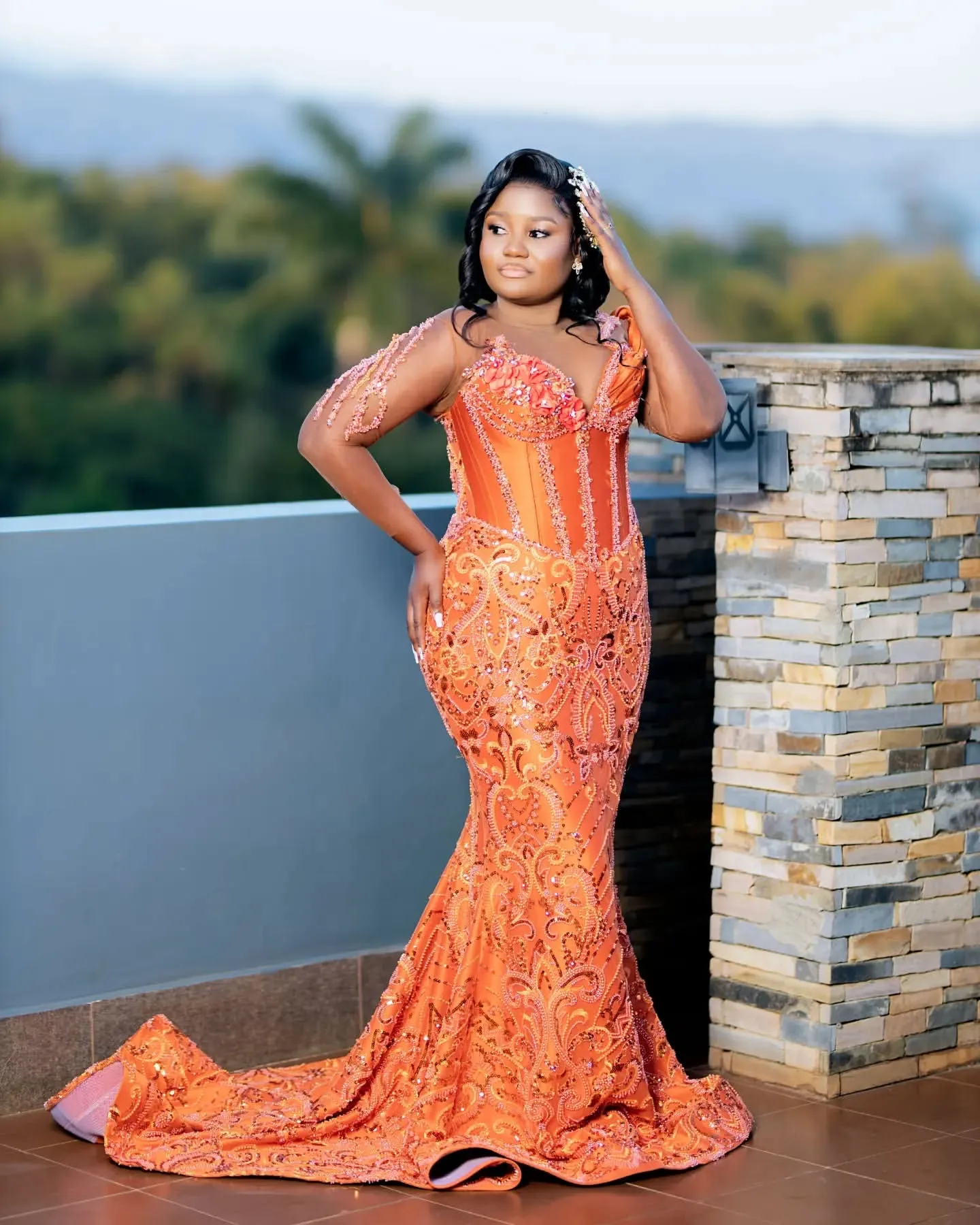 long orange lace dress Shiny Orange Mermaid V-neck Lace Prom Dresses With Slit, Party Dress, MP808