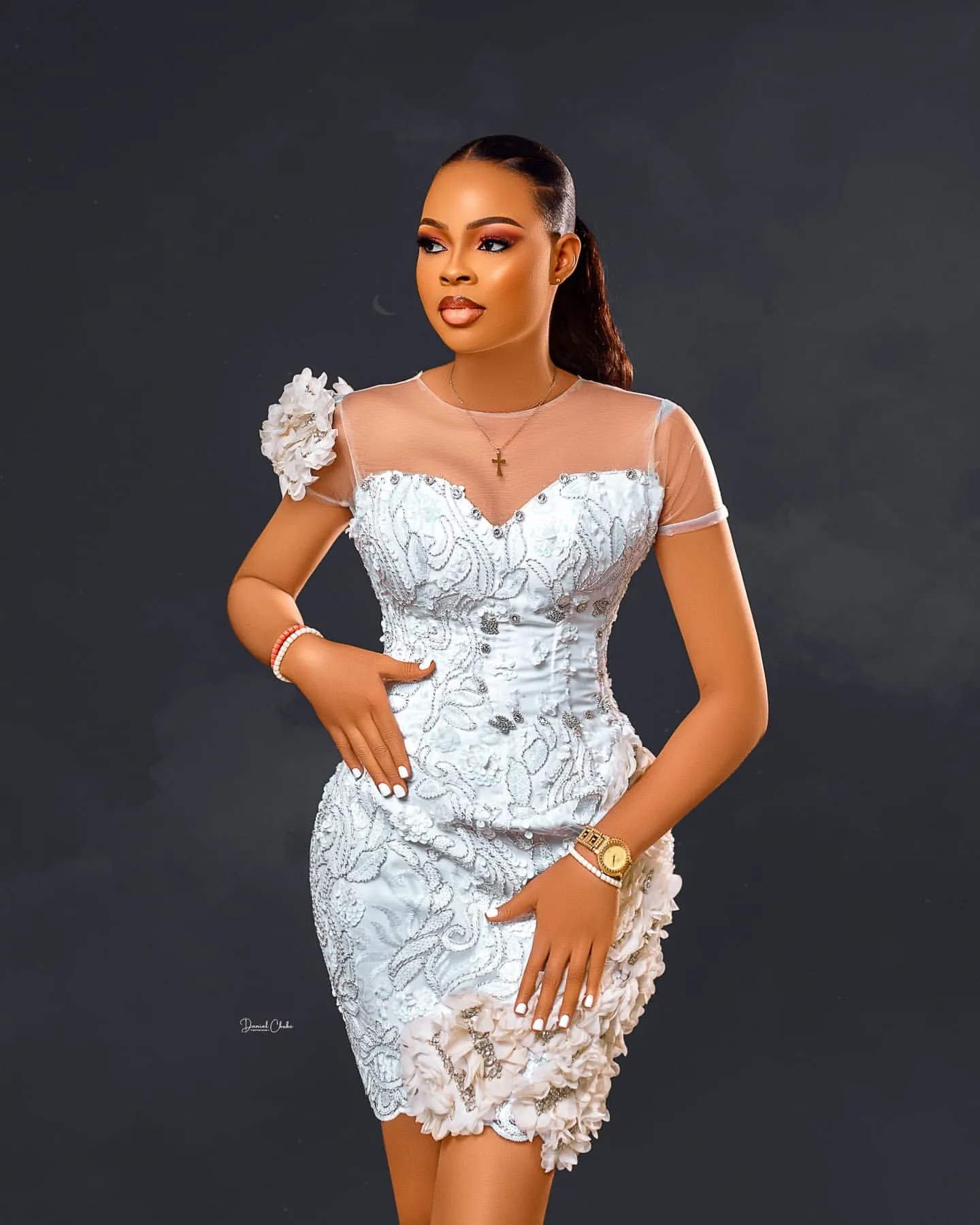 Ivory Lace Sheath White Beaded Cocktail Dress with Floral and Crystals for Prom, Evening, Graduation, Homecoming, Birthday, and Holiday Parties