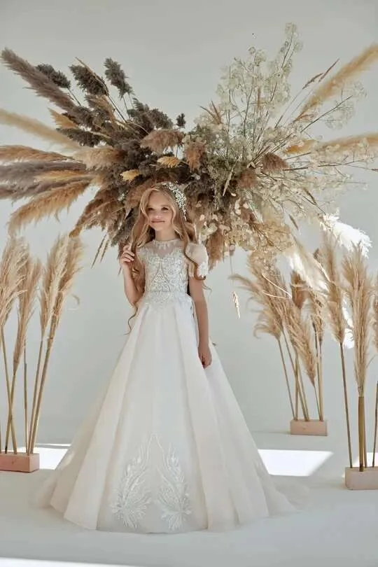 first communion dresses short Lace First Communion Dress with Short Sleeves