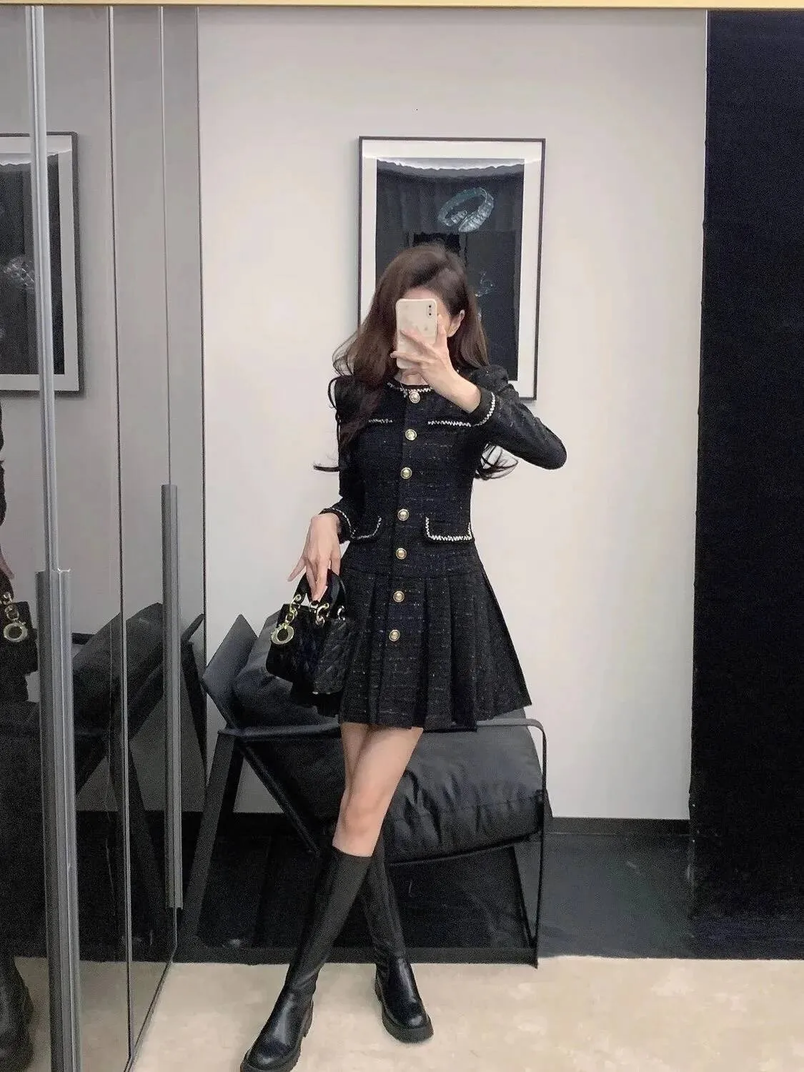 tweed dress knee length Empire Waist Tweed Dress With Puff Sleeves And Bow... From Hubshubs, $31.53